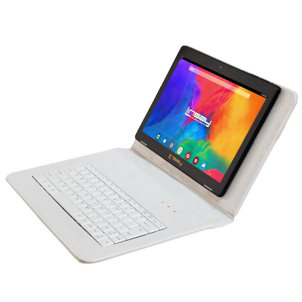 Linsay F10IPS Tablet, 10.1in Screen, 2GB Memory, 64GB Storage, Android 13, White Crocodile Keyboard