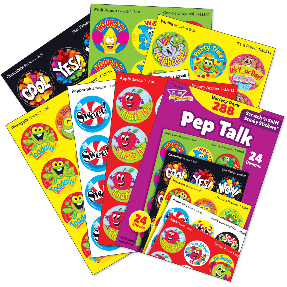 Trend Pep Talk Scratch N Sniff Stinky Stickers - (Unicorn, Country Critters, Ribbeting Rewards, Candy Compli-MINTS, Snappy Apples, Star Praise) Shape - 288 / Pack