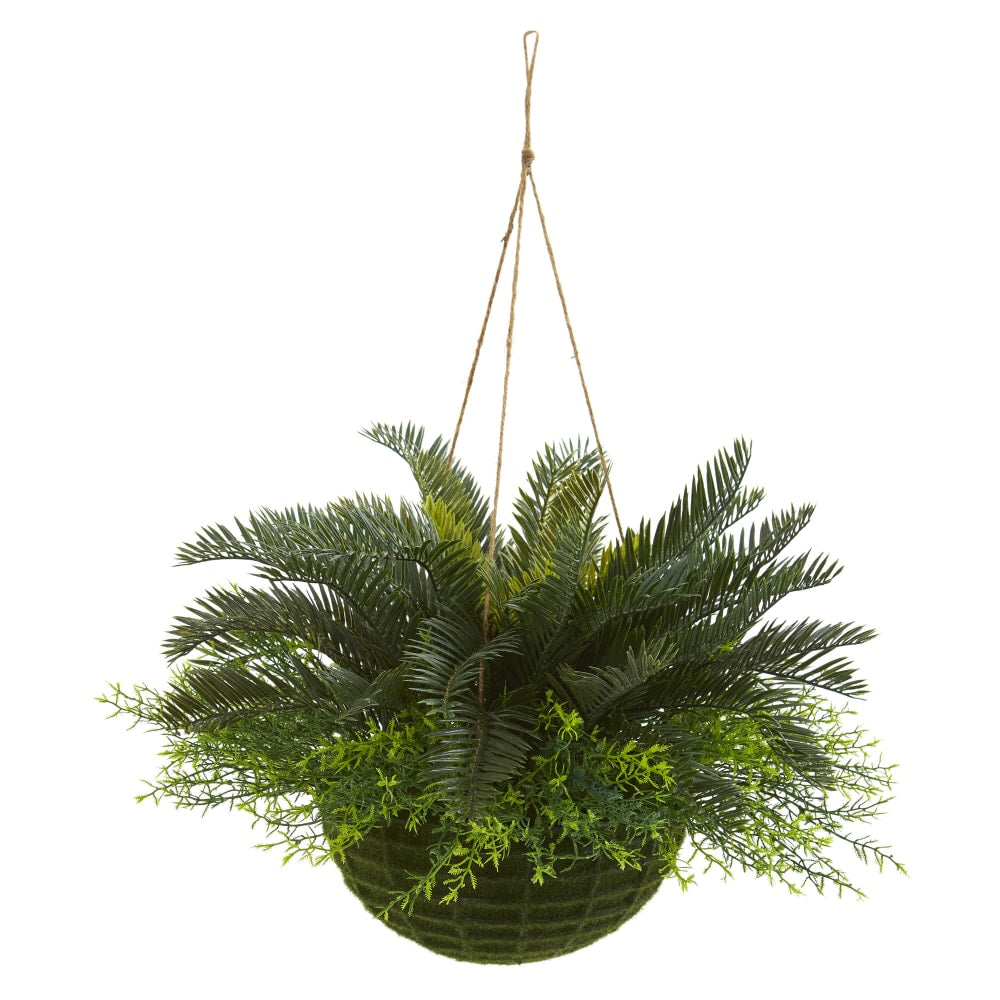 Nearly Natural Cycas 13inH Artificial Indoor/Outdoor Plant With Mossy Hanging Basket, 13inH x 17inW x 17inD, Green