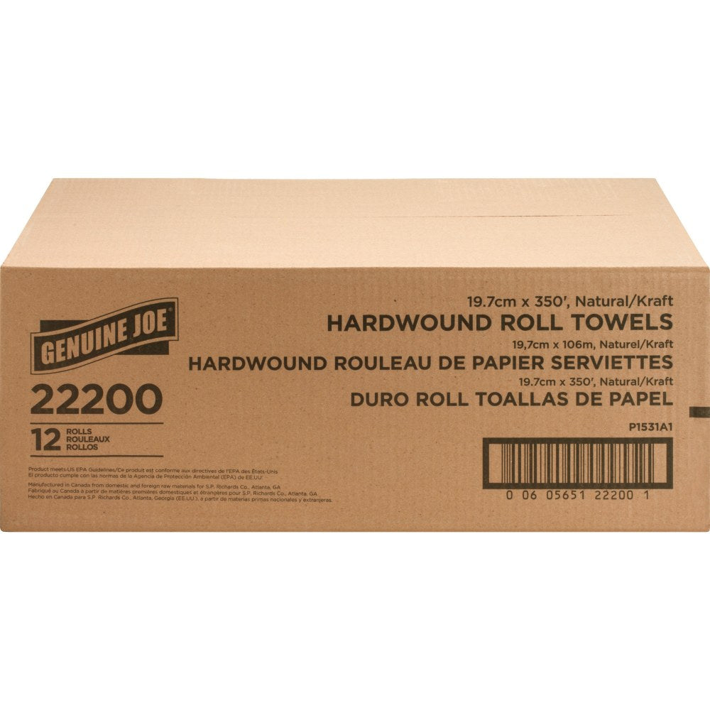 Genuine Joe Hardwound 1-Ply Paper Towels, 100% Recycled, 350ft Per Roll, 500 Sheets Per Roll, Pack Of 12 Rolls