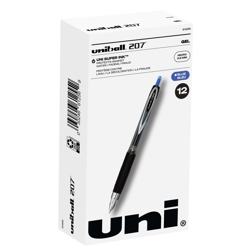 uni-ball 207 Retractable Fraud Prevention Gel Pens, Micro Point, 0.5 mm, Black Barrels, Blue Ink, Pack Of 12