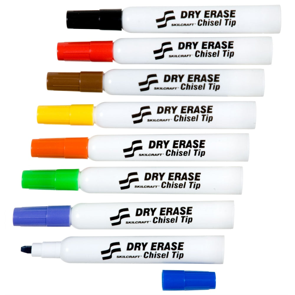 SKILCRAFT Dry-Erase Markers, Chisel Tip, Assorted Colors, Pack Of 8 (AbilityOne 7520-01-186-3605)