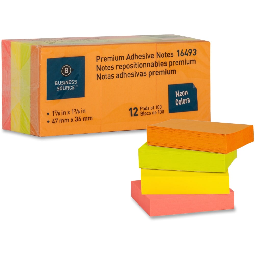 Business Source Premium Repostionable Adhesive Notes - 1 1/2in x 2in - Rectangle - Unruled - Neon - Self-adhesive, Repositionable, Solvent-free Adhesive - 12 / Pack