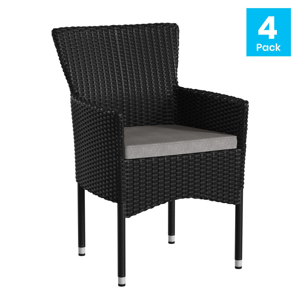 Flash Furniture Maxim Modern Wicker Patio Armchairs With Cushions, Gray/Black, Set Of 4 Chairs