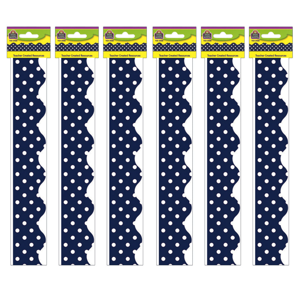 Teacher Created Resources Border Trim, Navy Polka Dots Scalloped, 35ft Per Pack, Set Of 6 Packs