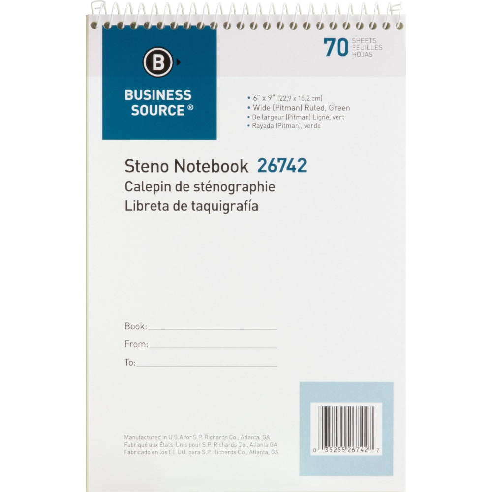 Business Source Steno Notebook - 70 Sheets - Wire Bound - Pitman Ruled Margin - 6in x 9in - Green Paper - Stiff-back - 1 Each