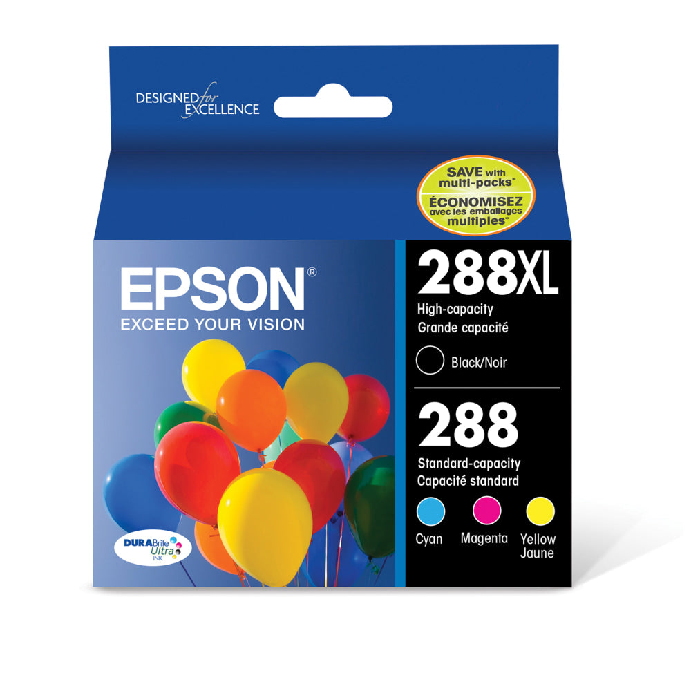 Epson 288XL Black/288 DuraBrite Cyan; Magenta; Yellow High-Yield/Standard Yield Ink Cartridges, Pack Of 4, T288XL-BCS