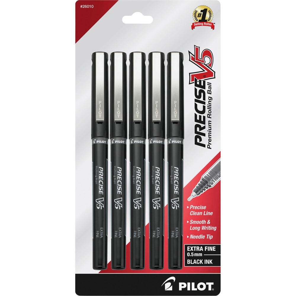 Pilot Precise V5 Liquid Ink Rollerball Pens, Extra Fine Point, 0.5 mm, Black Barrel, Black Ink, Pack Of 5