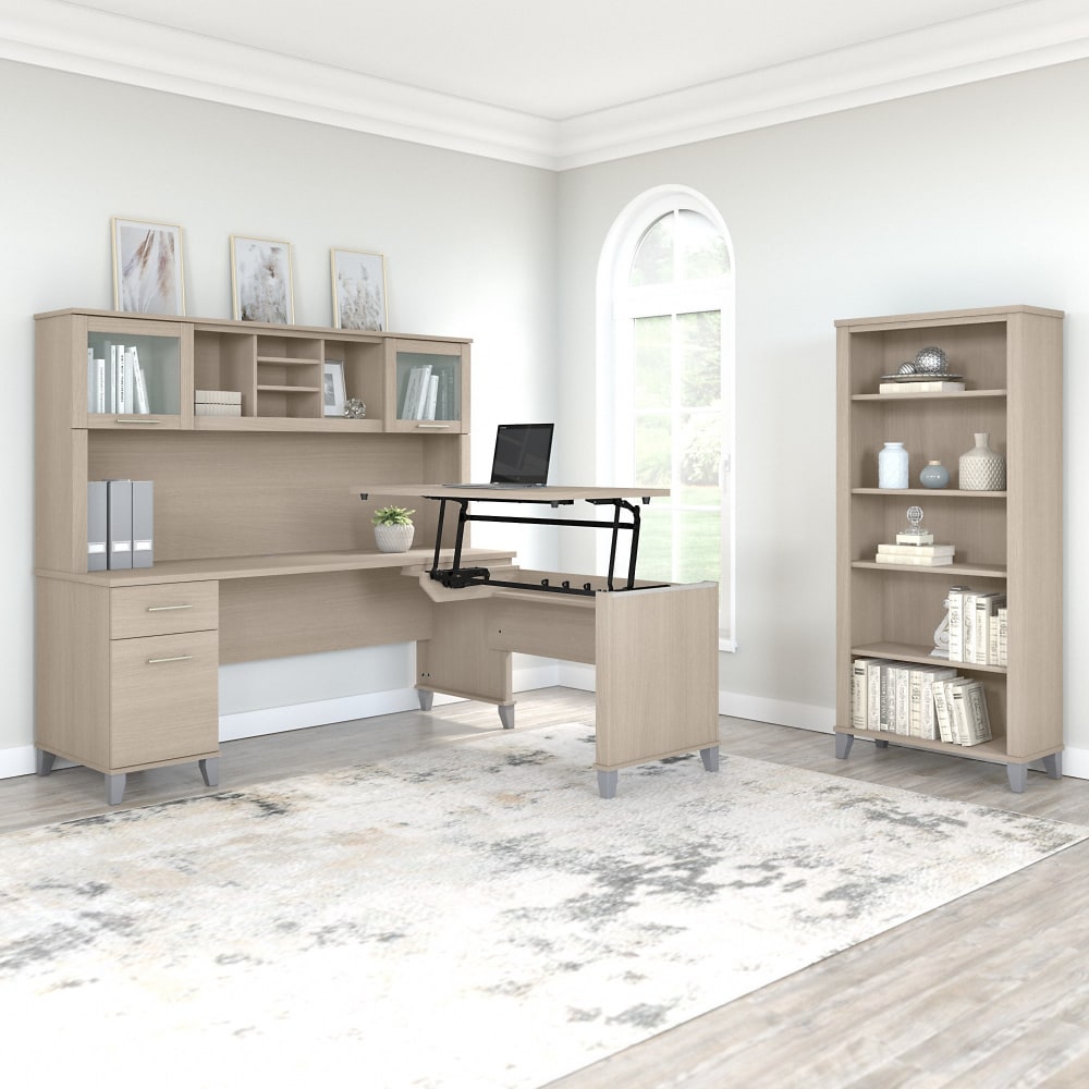 Bush Furniture Somerset 72inW 3-Position Sit-to-Stand L-Shaped Desk With Hutch And Bookcase, Sand Oak, Standard Delivery