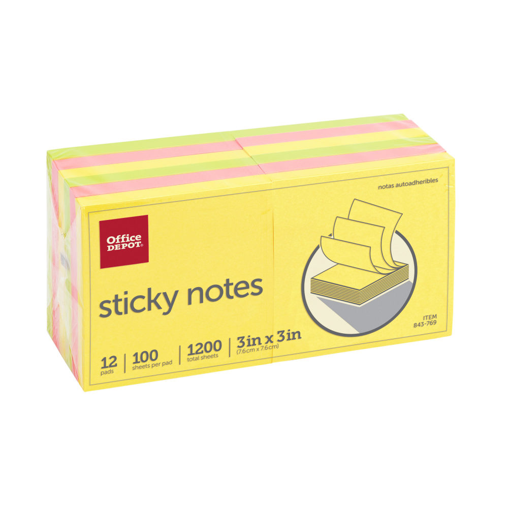 Office Depot Brand Sticky Notes, 3in x 3in, Assorted Neon Colors, 100 Sheets Per Pad, Pack Of 12 Pads, 21332-BRIGHT