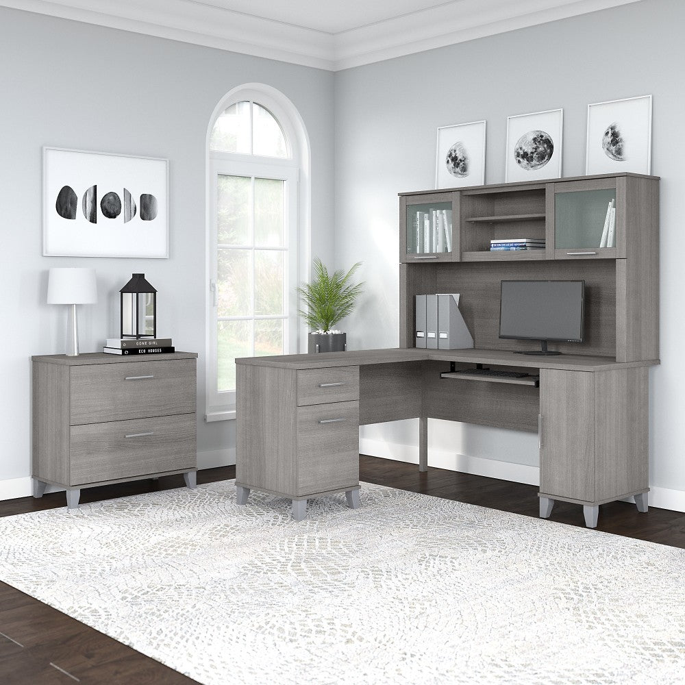 Bush Business Furniture Somerset 60inW L-Shaped Corner Desk With Hutch And Lateral File Cabinet, Platinum Gray, Standard Delivery