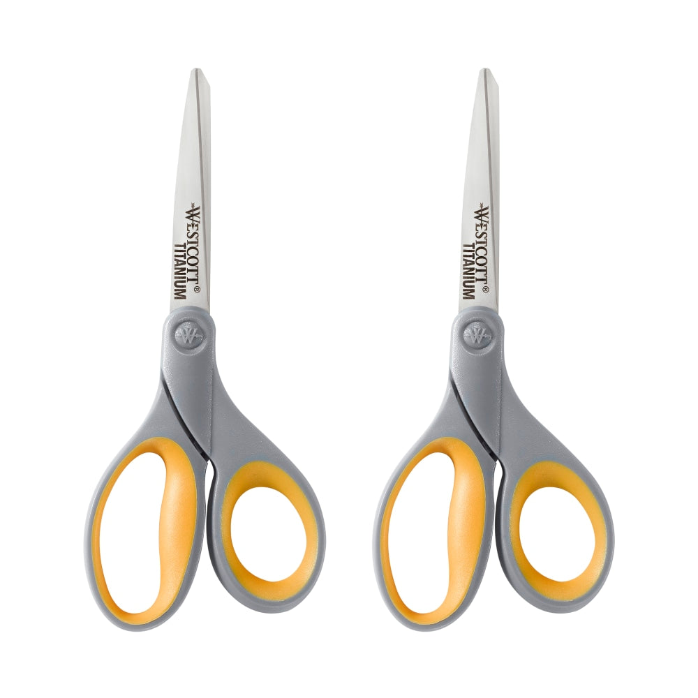 Westcott Titanium Bonded Scissors, 8in, Pointed, Gray/Yellow, Pack Of 2