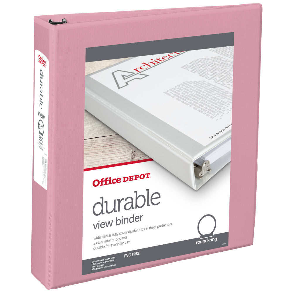 Office Depot Brand 3-Ring Durable View Binder, 1-1/2in Round Rings, Pink