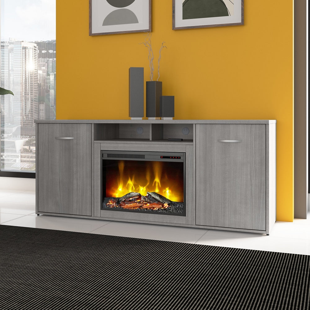 Bush Business Furniture 72inW Office Storage Cabinet With Doors And Electric Fireplace, Platinum Gray, Standard Delivery