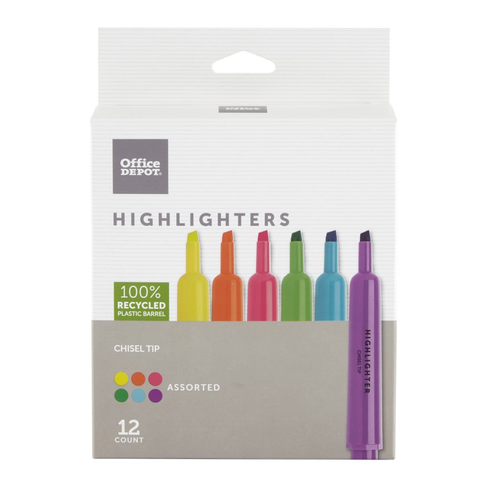 Office Depot Brand Chisel-Tip Highlighters, 100% Recycled Plastic Barrel, Assorted Fluorescent Colors, Pack Of 12