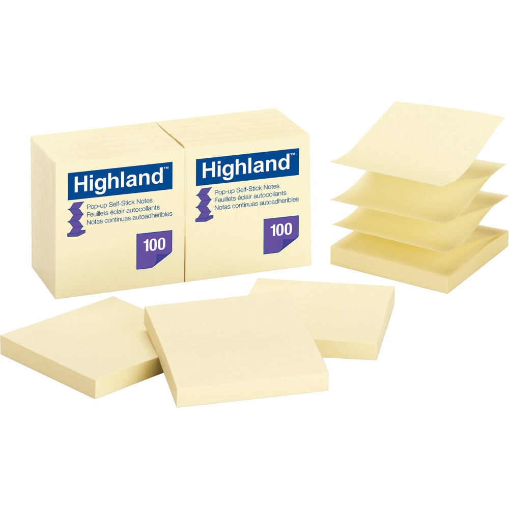 Highland Repositionable Pop-up Notes, 3in x 3in, Yellow, 1 Dozen 100-Sheet Pads