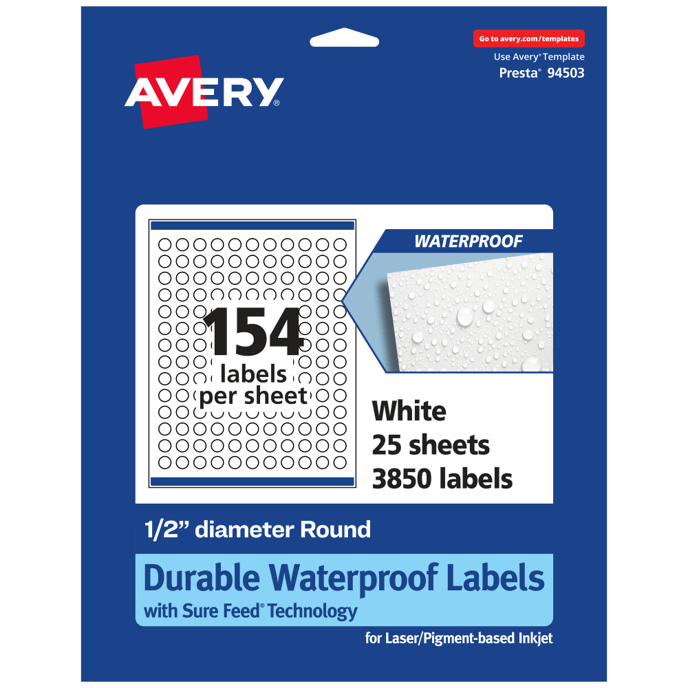 Avery Waterproof Permanent Labels With Sure Feed, 94503-WMF25, Round, 1/2in Diameter, White, Pack Of 3,850