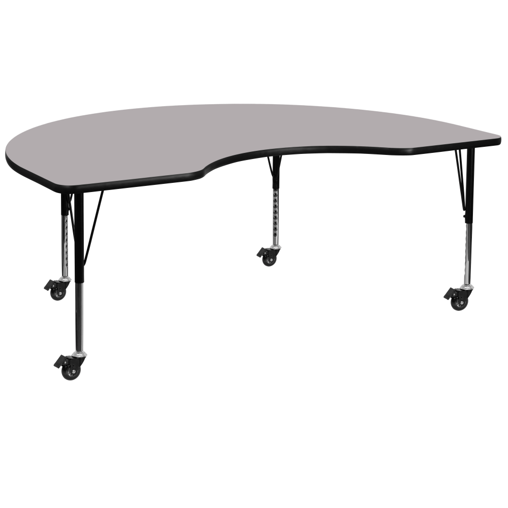 Flash Furniture Mobile 72inW Kidney Thermal Laminate Activity Table With Height-Adjustable Short Legs, Gray