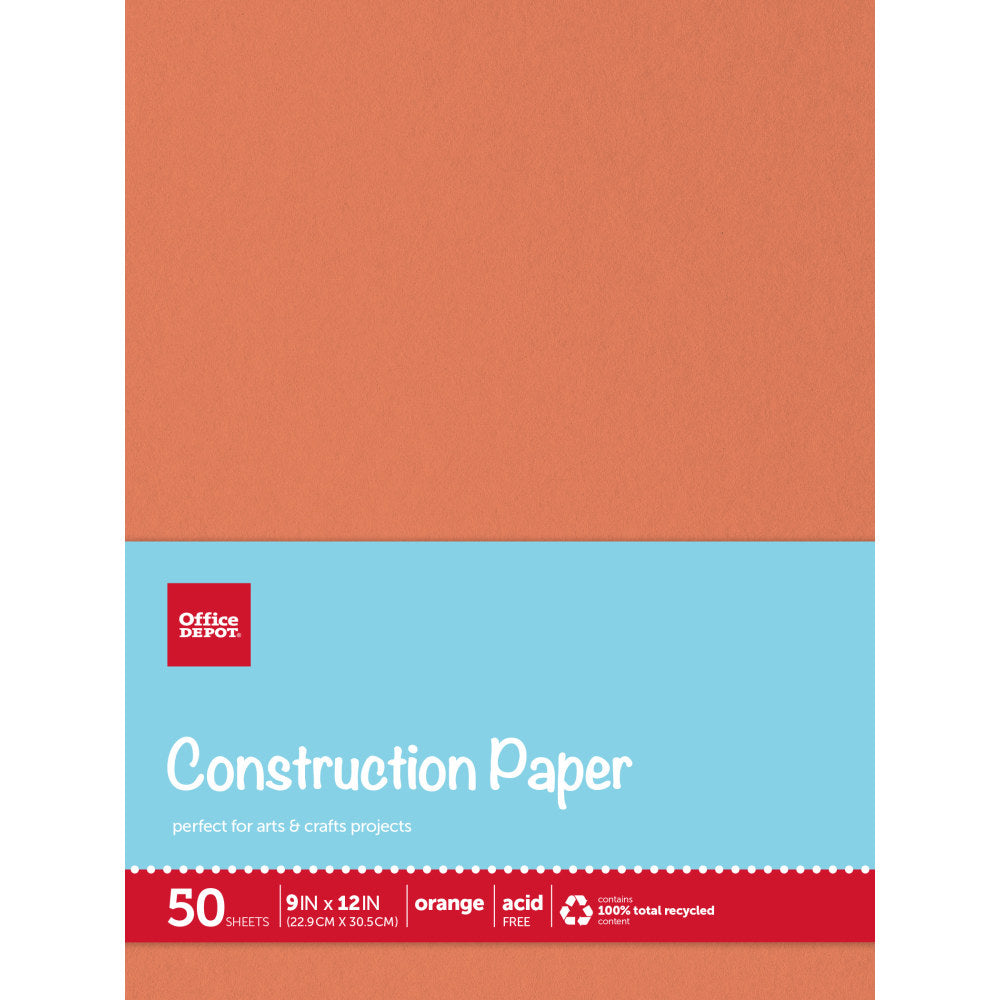 Office Depot Brand Construction Paper, 9in x 12in, 100% Recycled, Orange, Pack Of 50 Sheets