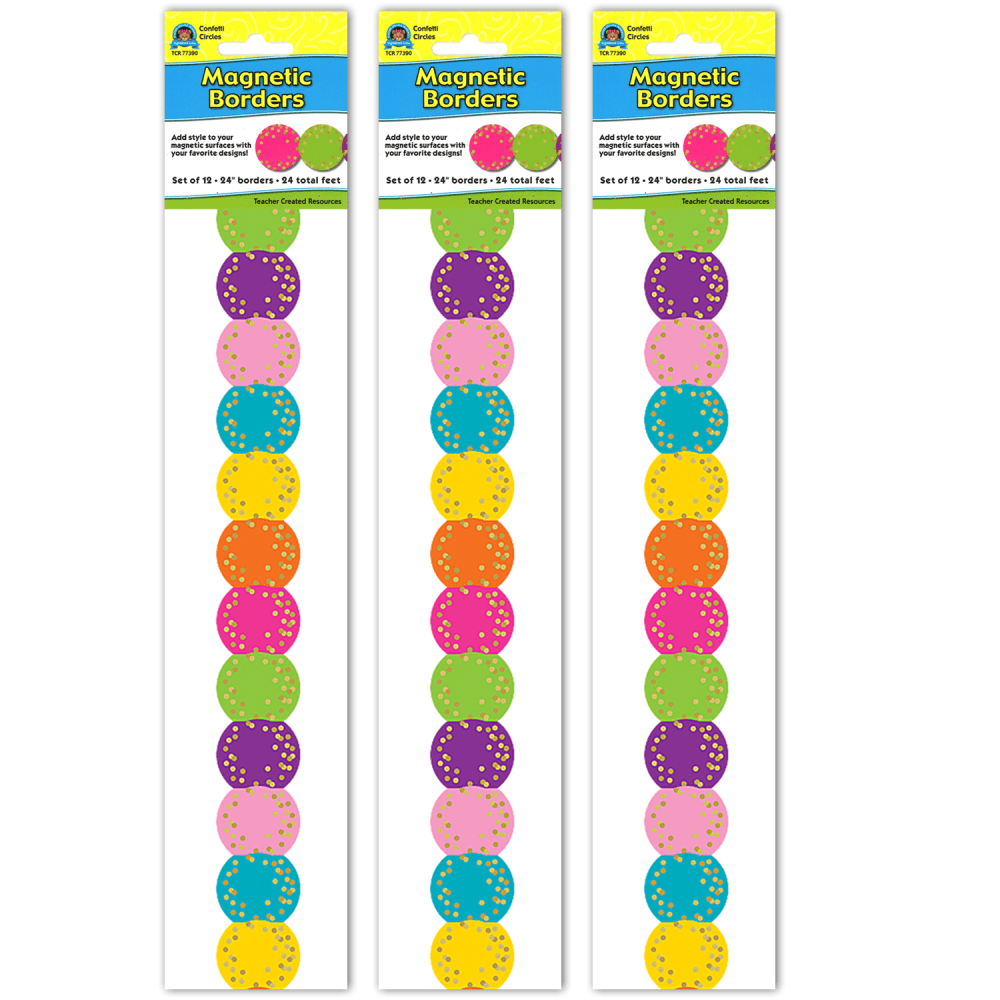 Teacher Created Resources Magnetic Borders, 24in x 1-1/2in, Confetti Circles, 12 Boarders Per Pack, Set Of 3 Packs