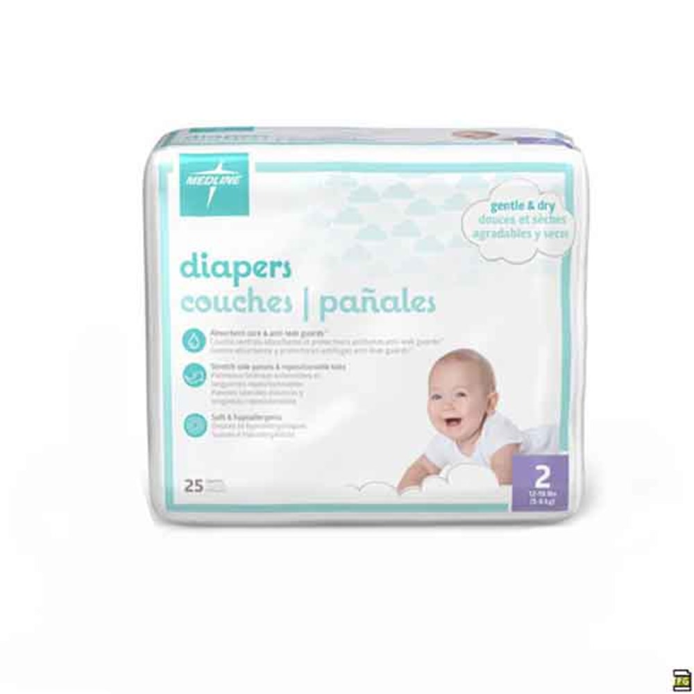 Medline Disposable Baby Diapers, Size 2, 12-18 Lb, 25 Diapers Per Pack, Case Of 8 Packs