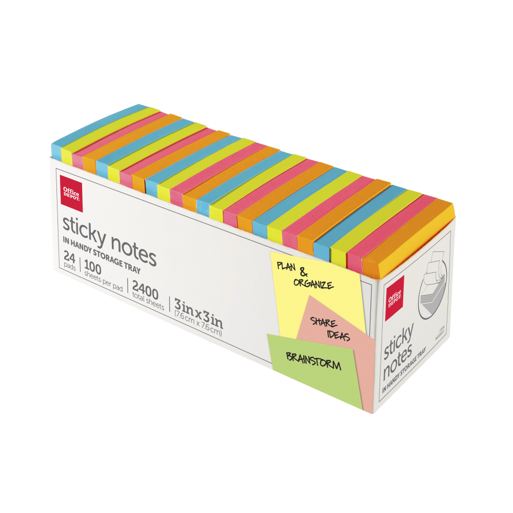 Office Depot Brand Sticky Notes, With Storage Tray, 3in x 3in, Assorted Neon Colors, 100 Sheets Per Pad, Pack Of 24 Pads