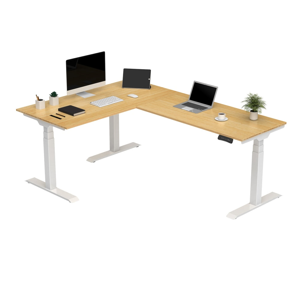 FlexiSpot E7L 76inW L-Shaped Electric Height-Adjustable Standing Desk, Bamboo/White