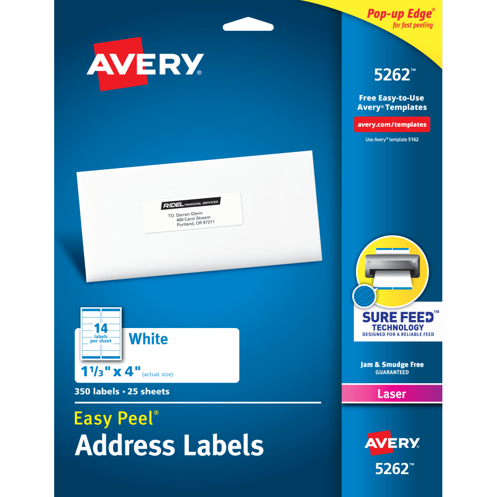 Avery Easy Peel Address Labels With Sure Feed Technology, 5262, Rectangle, 1-1/3in x 4in, White, Pack Of 350