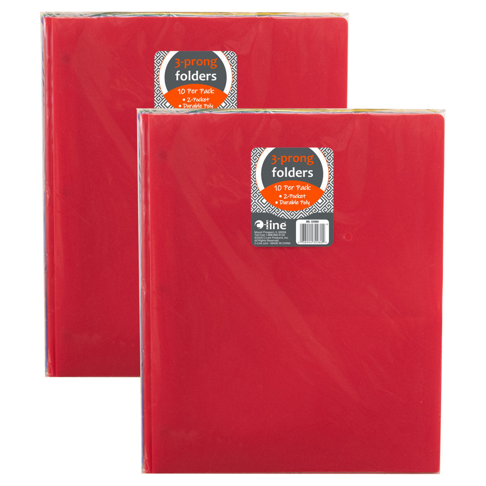 C-Line 2-Pocket Heavyweight Poly Portfolio Folders With Prongs, Assorted Colors, 10 Folders Per Pack, Set Of 2 Packs