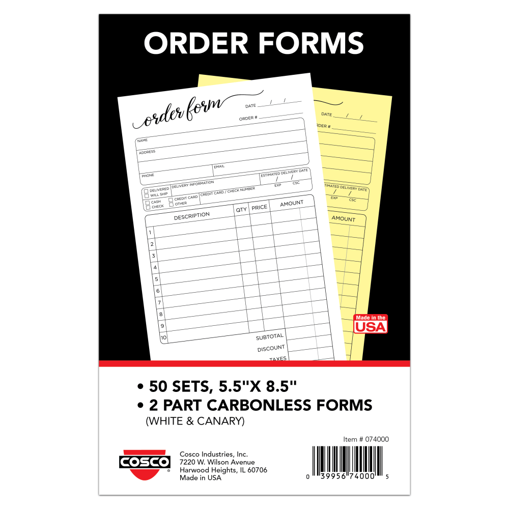 COSCO Order Form Book, 2-Part Carbonless, 8-1/2in x 5-1/2in, Script, Book Of 50 Sets