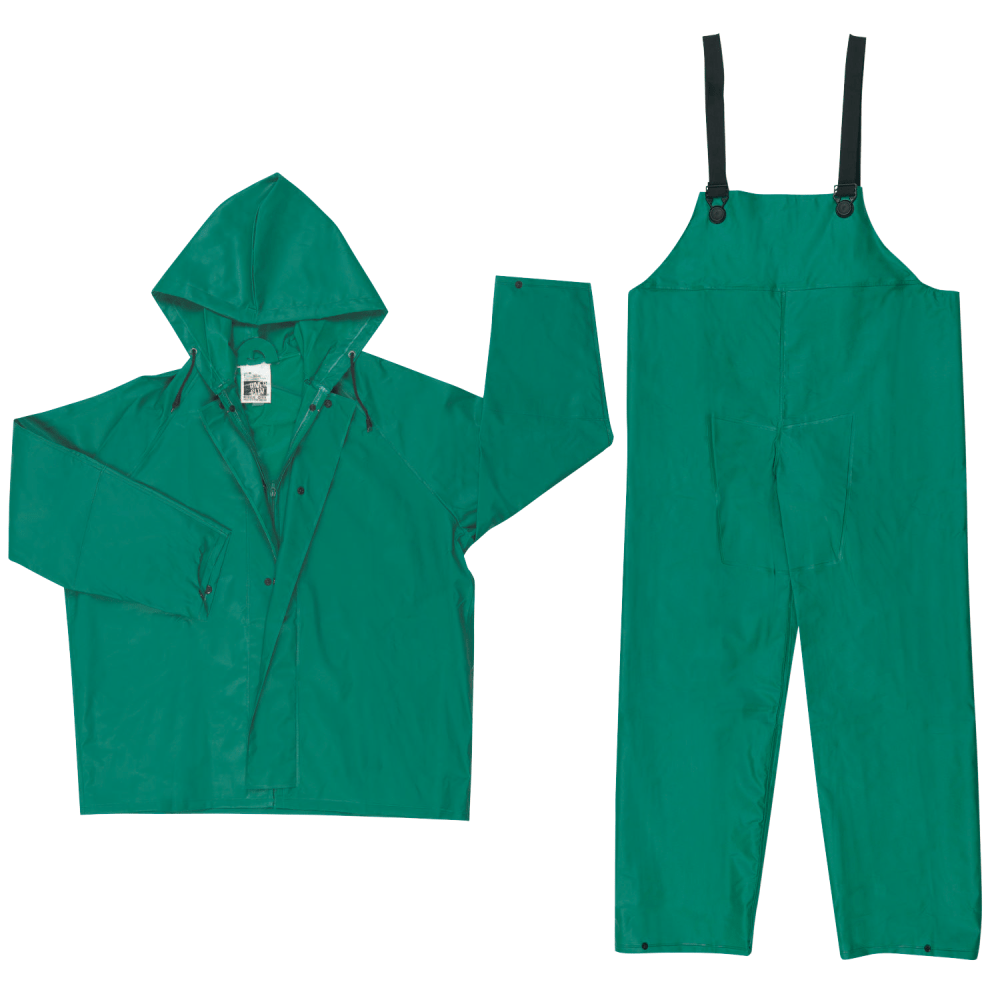 Two-Piece Rain Suit, Jacket w/Hood, Bib Pants, 0.42 mm PVC/Poly, Green, 5X-Large