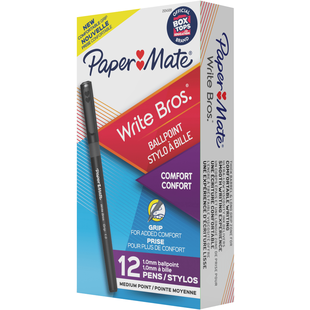 Paper Mate Write Bros Grip Ballpoint Pens, Medium Point, 1.0 mm, Black Barrel, Black Ink, Pack Of 12 Pens