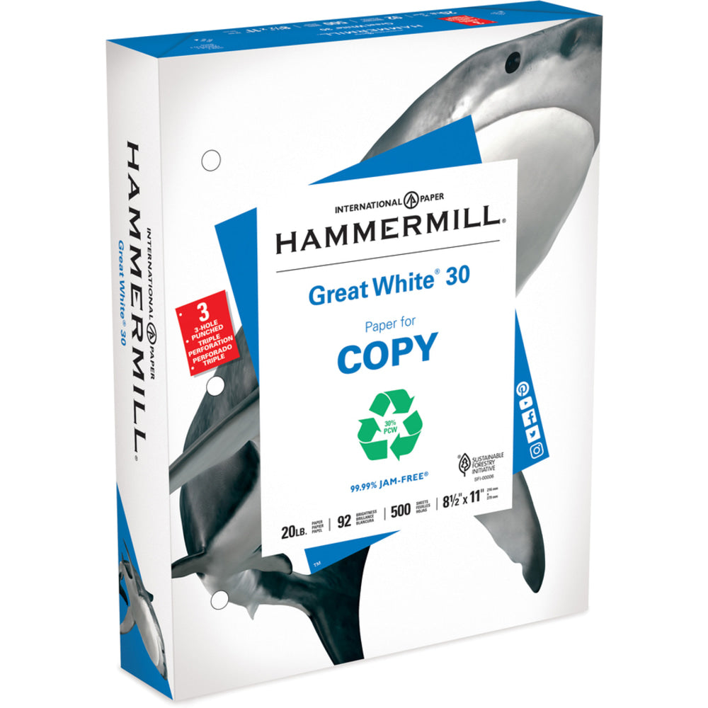 Hammermill Great White 3-Hole-Punched Inkjet Or Laser Paper, White, Letter Size (8 1/2in x 11in), 5000 Sheets Total, 500 Sheets Per Ream, Case Of 10 Reams, 20 Lb, 92 Brightness