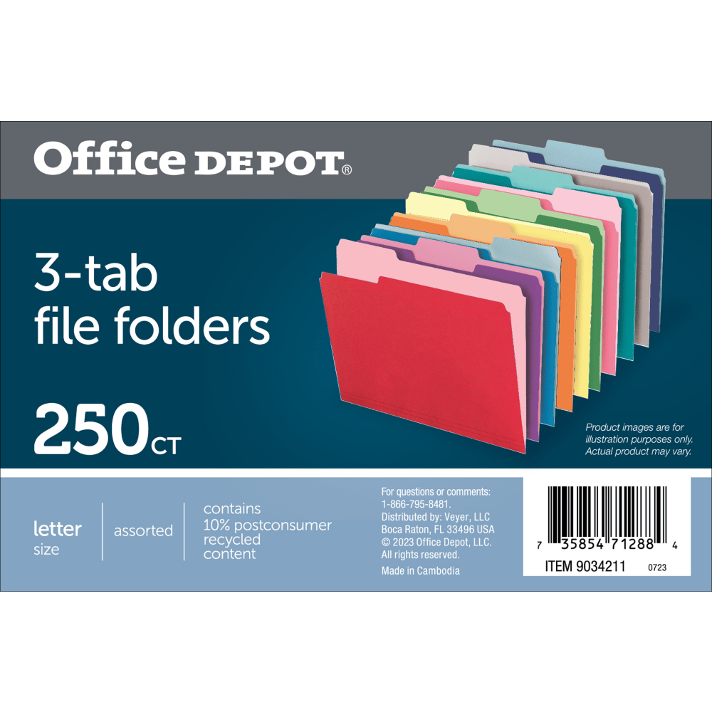 Office Depot Brand File Folders, 1/3 Cut, Letter Size, Assorted Colors, Box Of 250 Folders