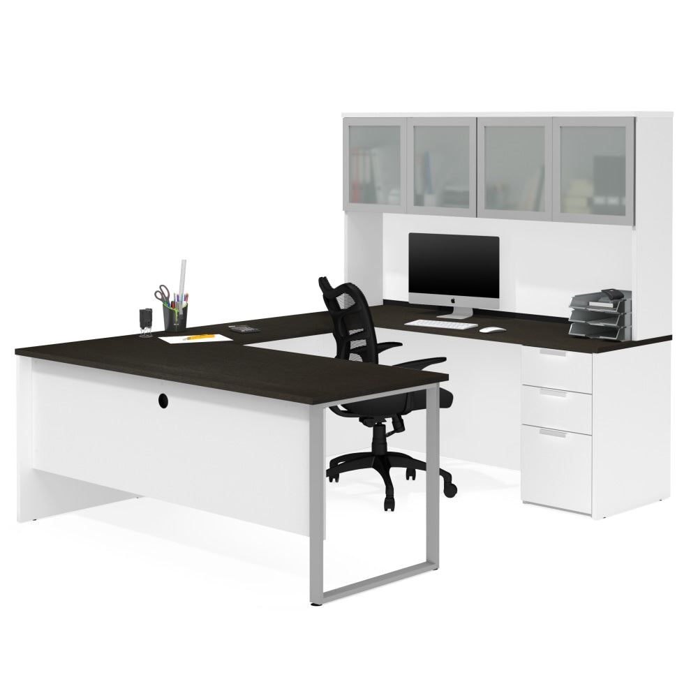 Bestar Pro-Concept Plus 72inW U-Shaped Executive Computer Desk With Pedestal And Frosted Glass Door Hutch, White/Deep Gray