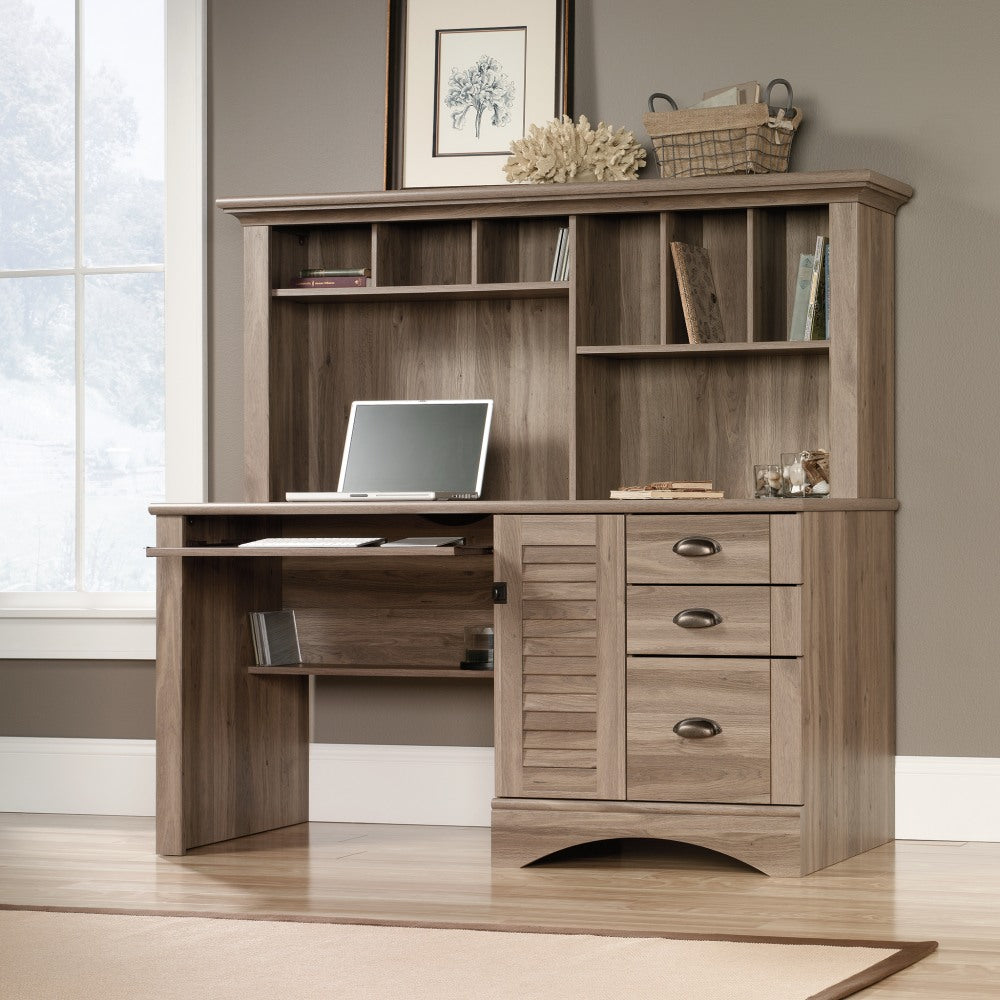 Sauder Harbor View 63inW Computer Desk With Hutch, Salt Oak