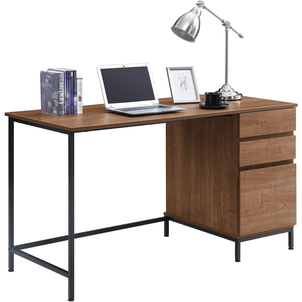 Lorell SOHO 3-Drawer Desk - 55in x 23.6in x 30in - 3 x File Drawer(s) - Single Pedestal on Right Side - Material: Steel Leg, Laminate Top - Finish: Walnut, Powder Coated Leg