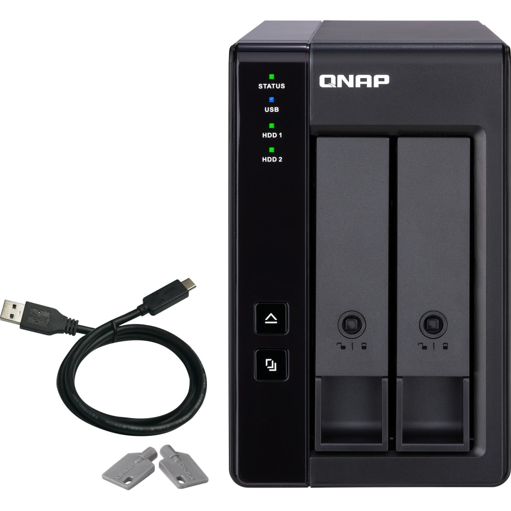 QNAP 2 Bay USB Type-C Direct Attached Storage with Hardware RAID - 2 x HDD Supported - 2 x SSD Supported - Serial ATA/600 Controller - RAID Supported 0, 1, JBOD - 2 x Total Bays - 2 x 2.5in/3.5in Bay - 1 USB Port(s) - CIFS/SMB - Desktop