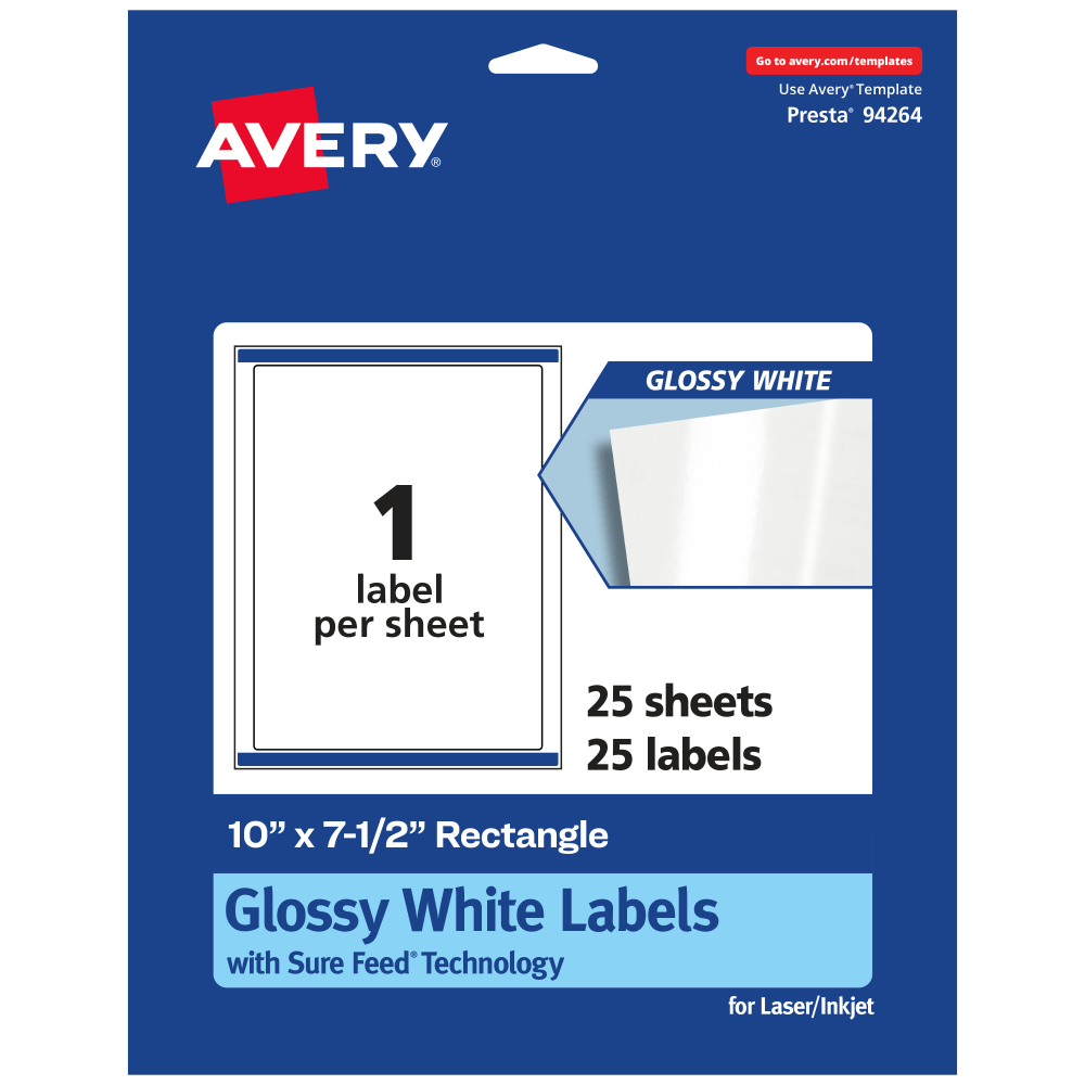 Avery Glossy Permanent Labels With Sure Feed, 94264-WGP25, Rectangle, 10in x 7-1/2in, White, Pack Of 25