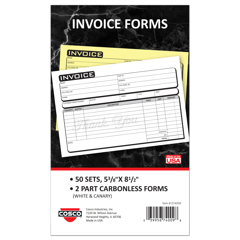 COSCO Service Invoice Form Book With Slip, 2-Part Carbonless, 5-3/8in x 8-1/2in, Business, Book Of 50 Sets