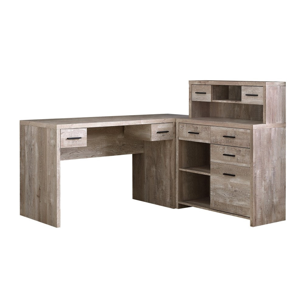 Monarch Specialties 63inW L-Shaped Corner Desk With Hutch, Taupe Woodgrain