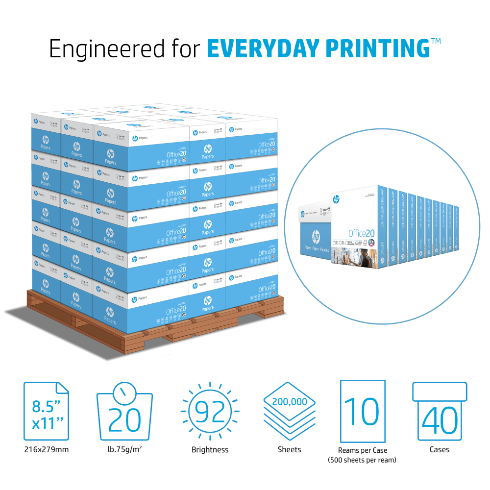 HP Office20 Copy Paper, White, Letter (8.5in x 11in), 200000 Sheets Per Pallet, 20 Lb, 92 Brightness, Case Of 10 Reams