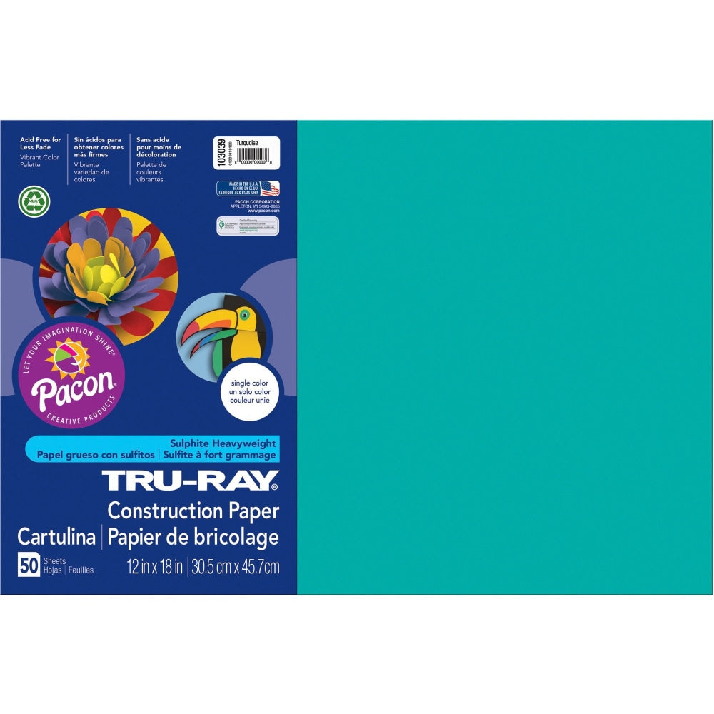 Tru-Ray Construction Paper, 50% Recycled, 12in x 18in, Turquoise, Pack Of 50