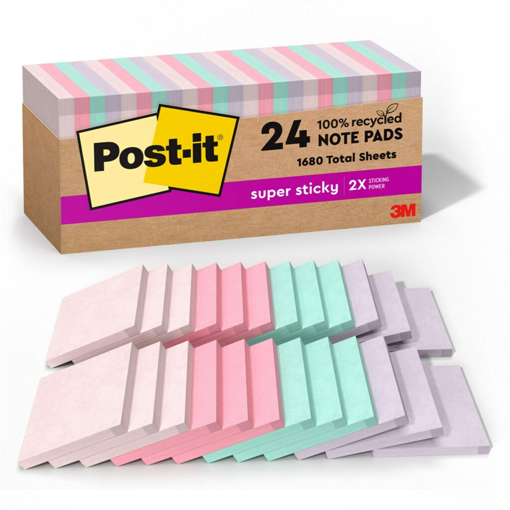 Post-it Super Sticky Recycled Notes, 3 in x 3 in, 24 Pads, 70 Sheets/Pad, 2x the Sticking Power, Wanderlust Pastels Collection, 100% Recycled