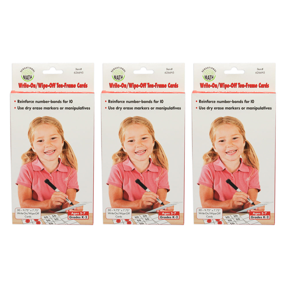 Sensational Math Write-On/Wipe-Off 10-Frame Cards, 4-3/4in x 7-3/4in, Kindergarten - Grade 1, 30 Cards Per Pack, Set Of 3 Packs