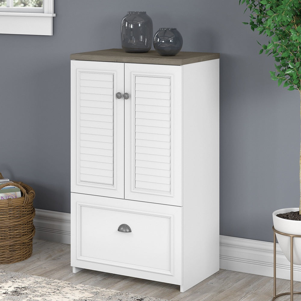 Bush Furniture Fairview 2-Door Storage Cabinet With File Drawer, Shiplap Gray/Pure White, Standard Delivery