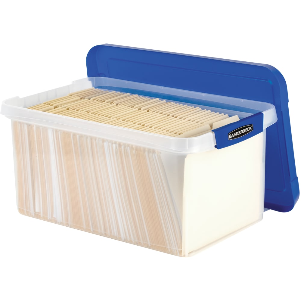 Bankers Box Heavy-Duty Plastic Storage Bin, Extra Deep 20in Letter-size, 10-3/8in x 14-1/4in, TAA Compliant, Clear/Blue, Pack of 1