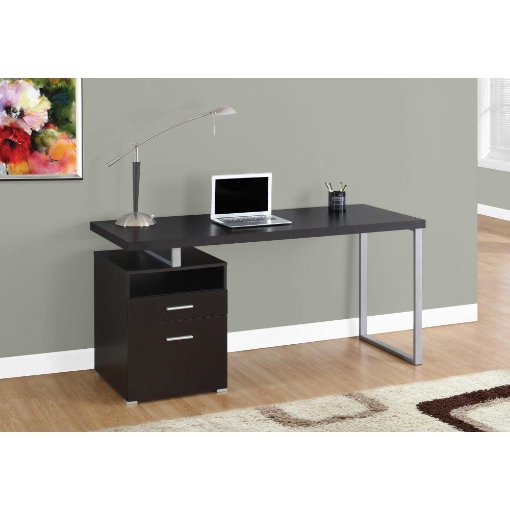 Monarch Specialties Contemporary 60inW Computer Desk With 2-Drawers And Open Shelf, Cappuccino/Silver