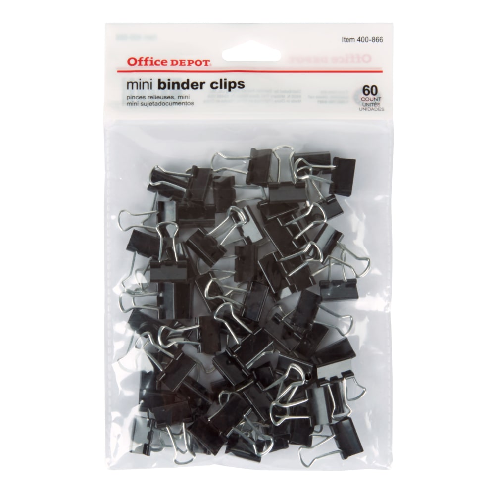 Office Depot Brand Binder Clips, Mini, 9/16in Wide, 1/4in Capacity, Black, Pack Of 60