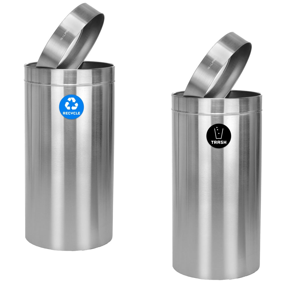 Alpine Industries Stainless Steel Recycling Can And Trash Receptacles, 27 Gallons, Silver, Pack Of 2 Receptacles